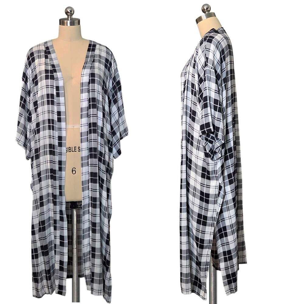 Trendy Fashion Black White Gingham Print Long Duster Kimono OS
